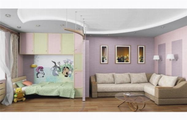 Фото: Дизайн однокомнатной квартиры с выделенной детской зоной